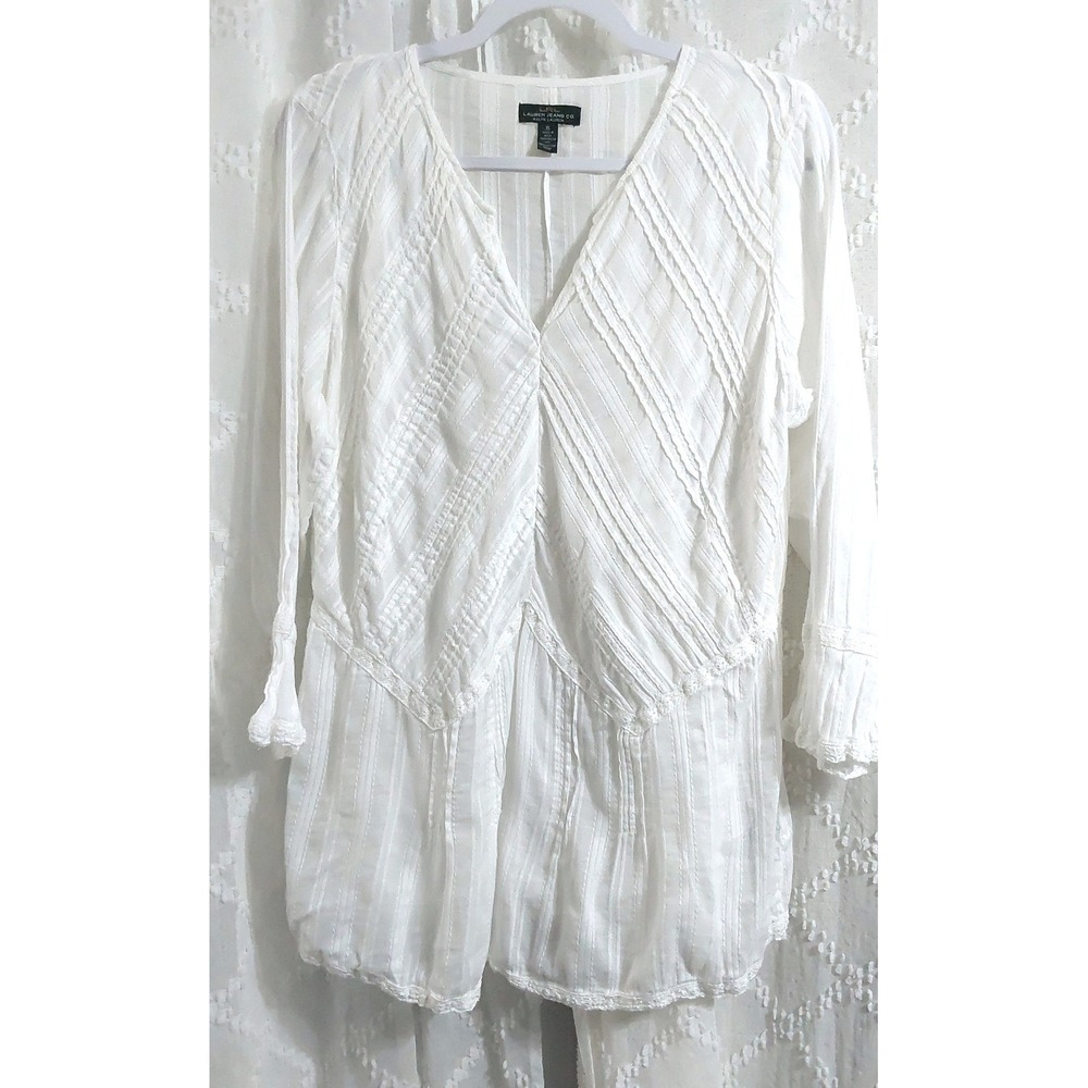 Lauren Ralph Lauren White Cotton Gauze Lace Trim Pintuck Peasant Top XL